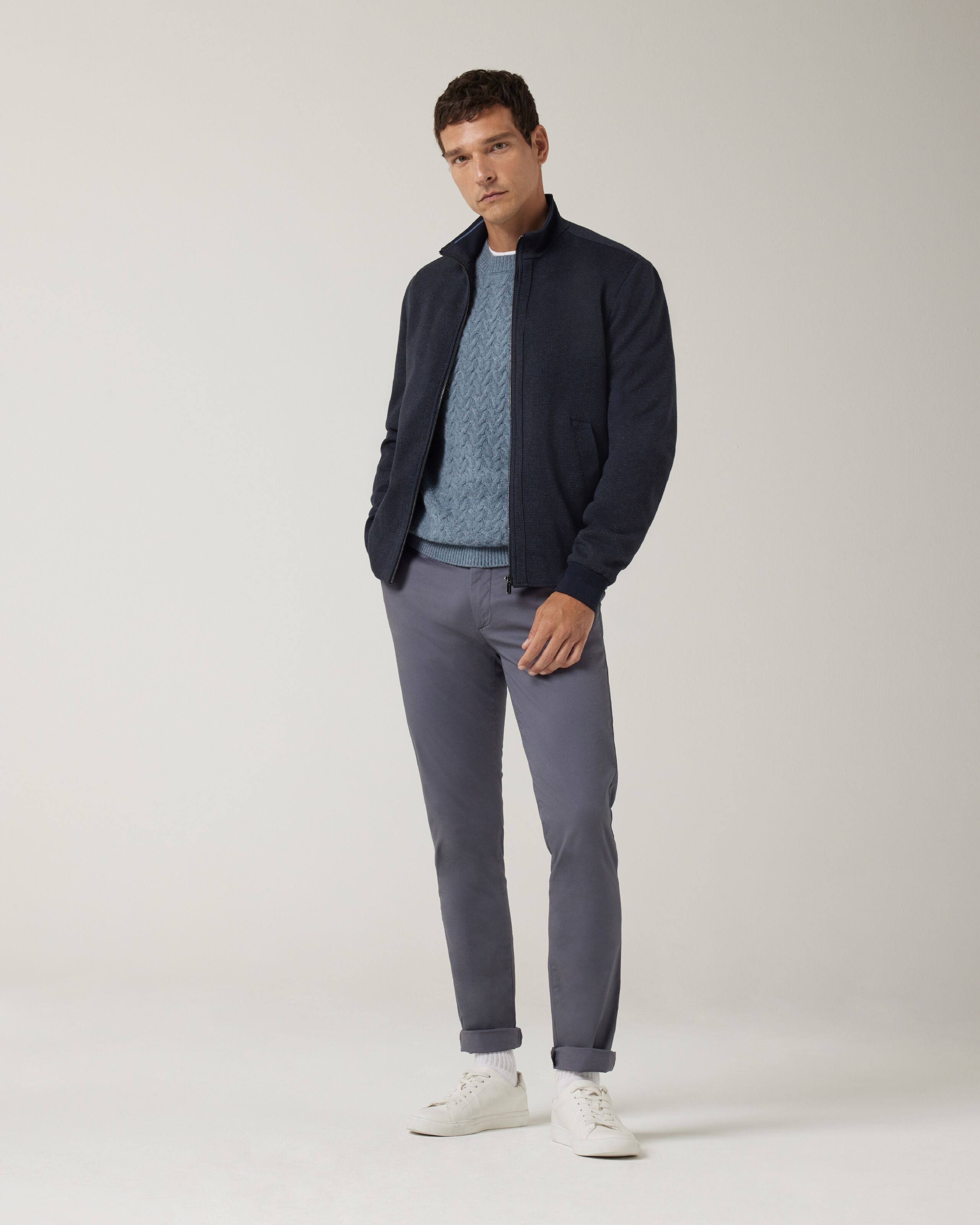 Bomber Style Jacket With Funnel Neck Navy All About Comfort And Stretch. Our Bomber Jacket With A Funnel Neck Detail Pairs Well With Chinos And White Sneakers. Casual Jackets Politix